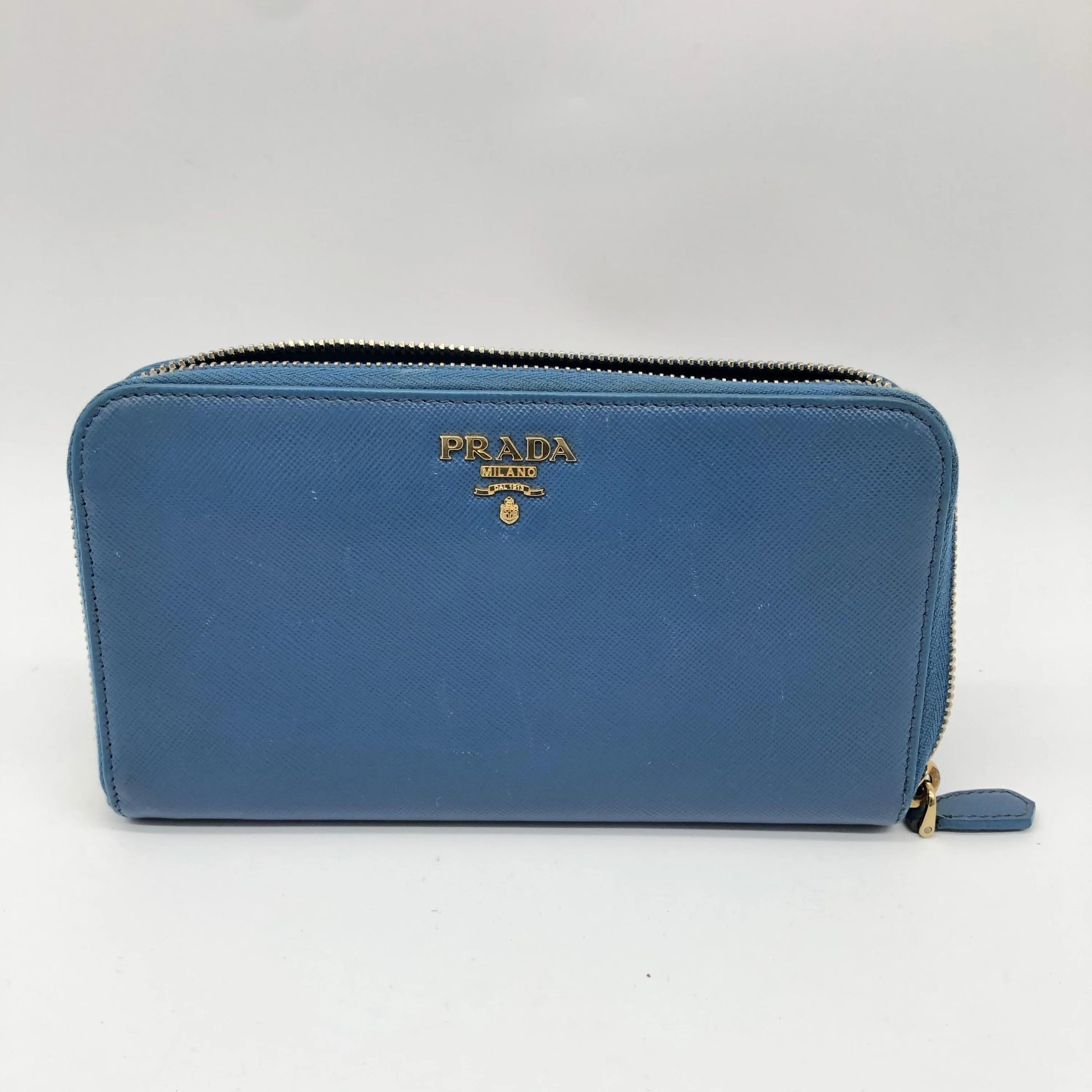 Prada Zip Around Tab Saffiano Leather, Blue, Leather, Wallet