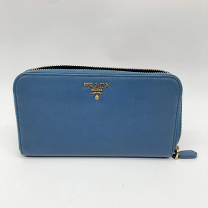 Prada Zip Around Tab Saffiano Leather, Blue, Leather, Wallet