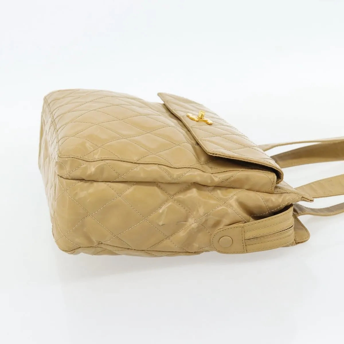 Chanel Vintage Front Pocket Leather, Beige, Patent Leather, Shoulder Bag