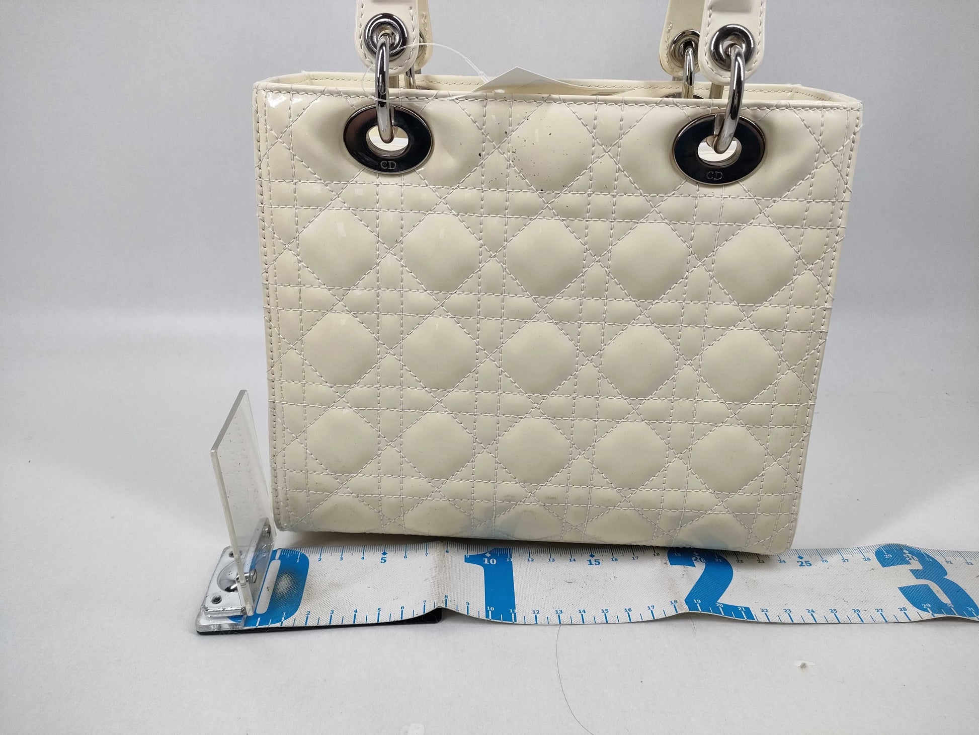 Christian Dior Lady Dior Cannage Quilt Patent, White, Leather, Handbag