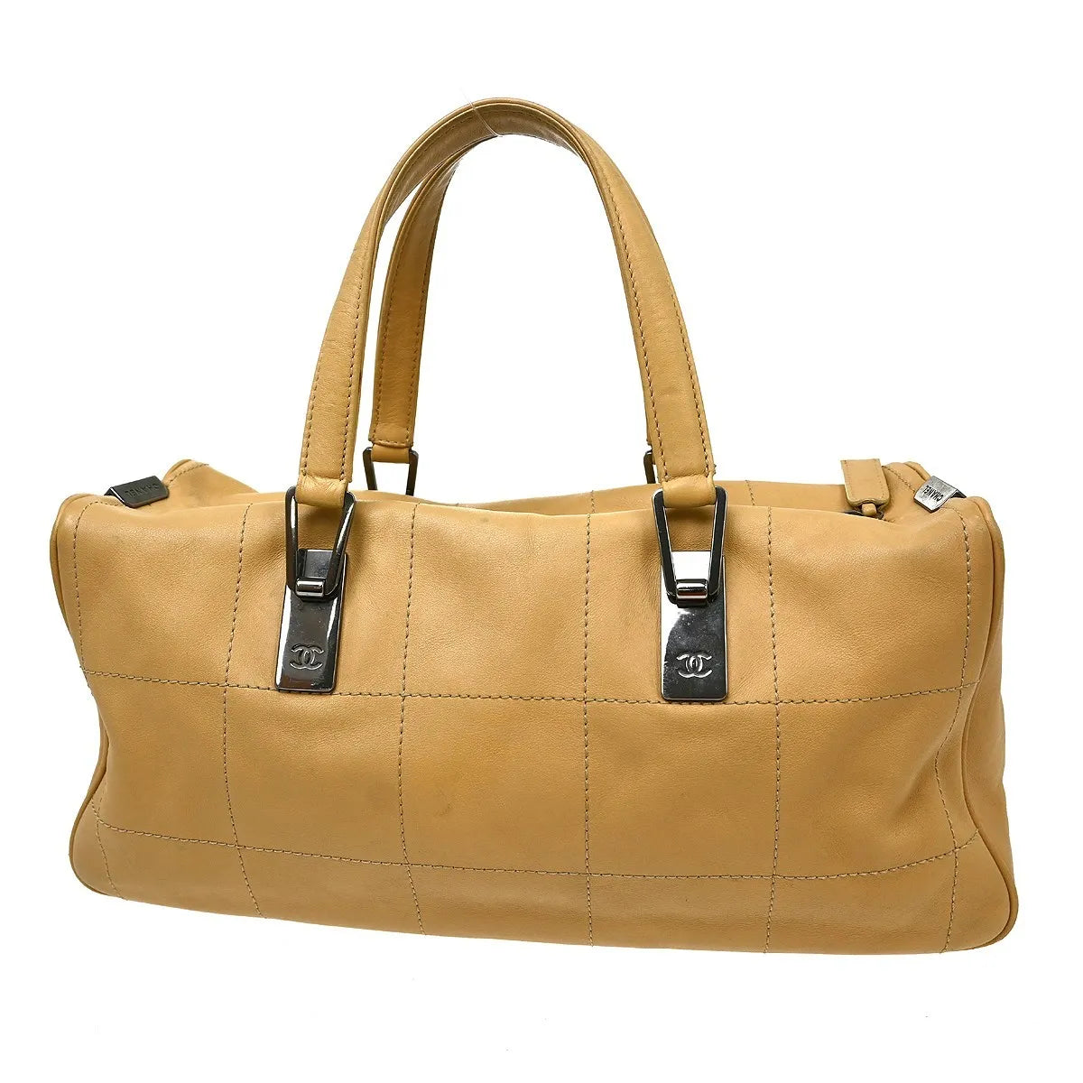 Chanel Square Stitch CC Boston Quilted Leather, Beige, Leather, Handbag