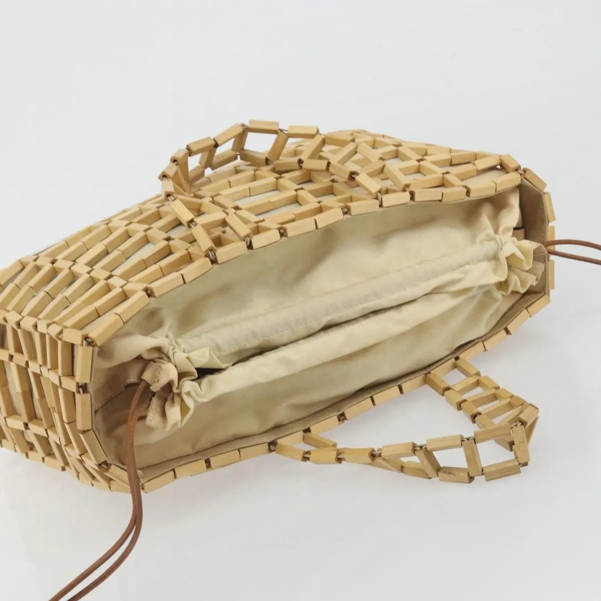 Salvatore Ferragamo Wood Mesh Drawstring canvas, Beige, Canvas, Handbag