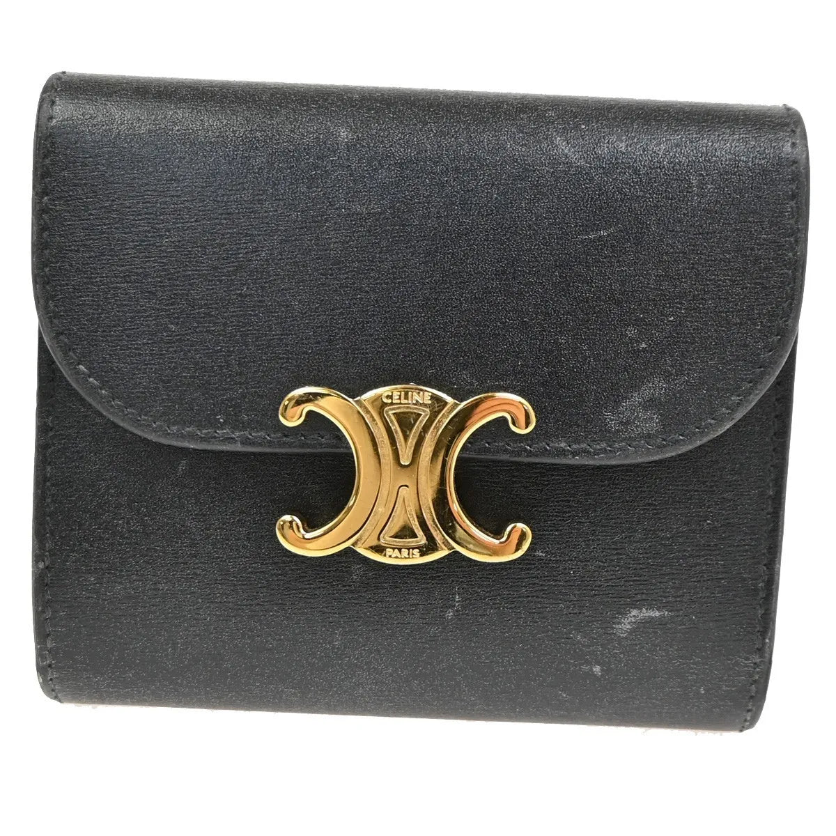 Celine Triomphe Trifold Leather, Black, Leather, Wallet