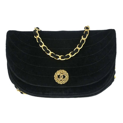 Chanel Vintage Crescent Flap Horizontal Quilted Velvet, Black, Velvet, Shoulder Bag