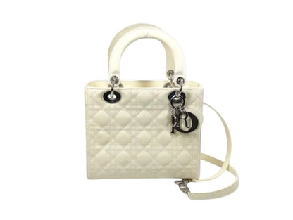 Christian Dior Lady Dior Cannage Quilt Patent, White, Leather, Handbag