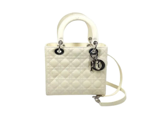 Christian Dior Lady Dior Cannage Quilt Patent, White, Leather, Handbag