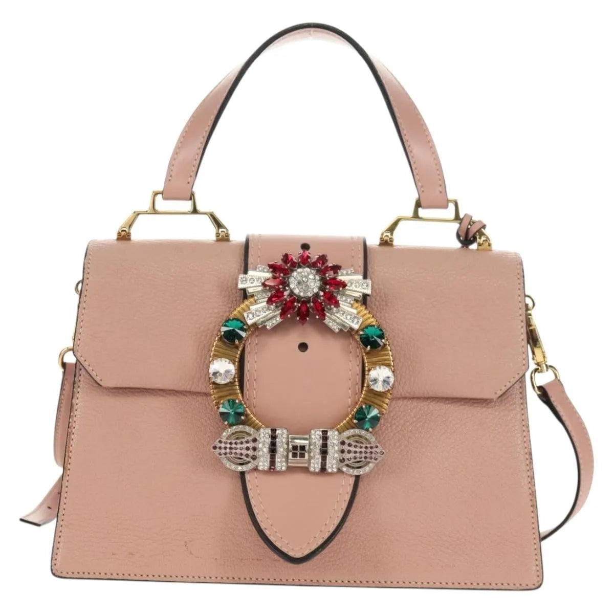 Miu Miu Madras Crystal Buckle Leather, Pink, Leather, Shoulder Bag