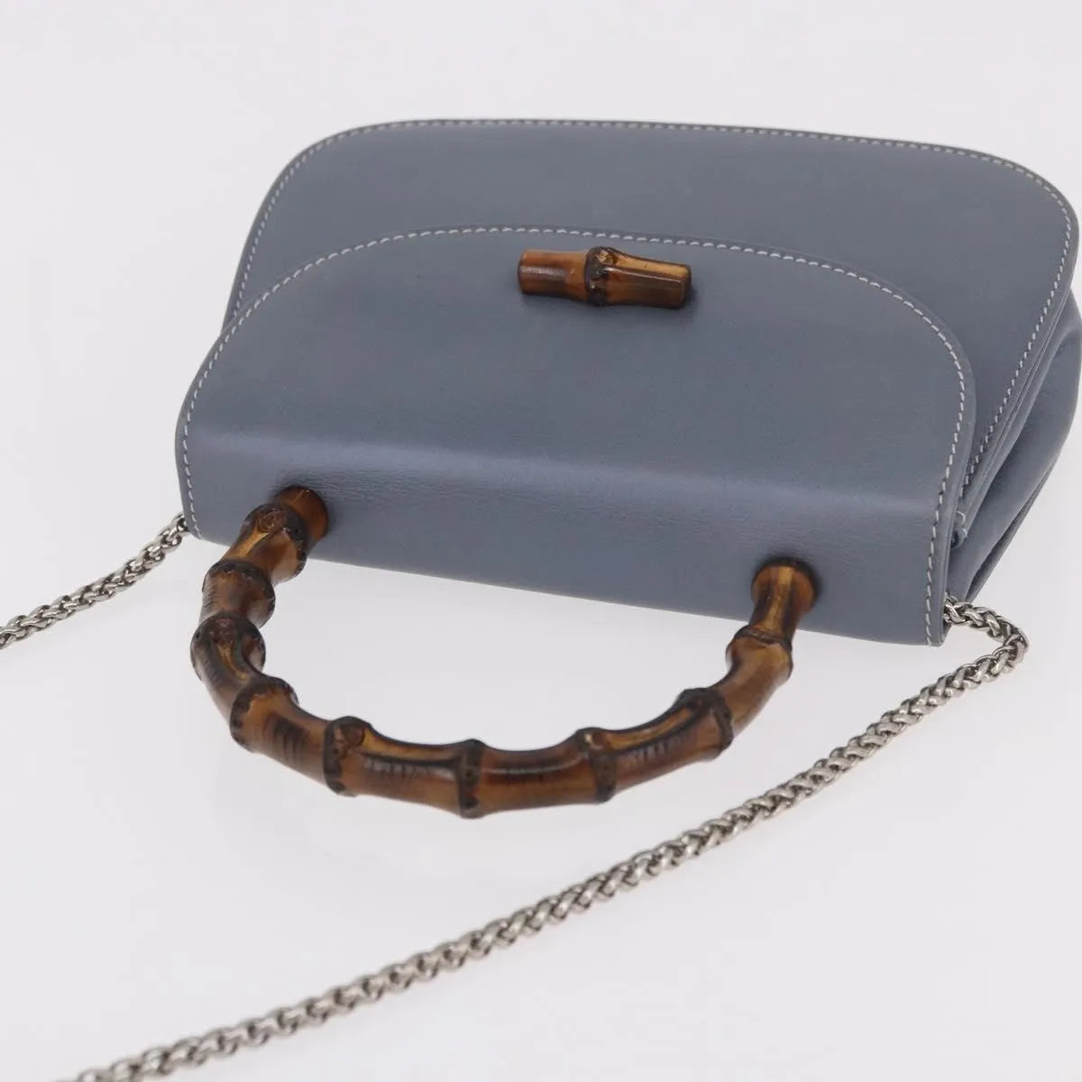 Gucci Vintage Convertible Bamboo Top Handle Leather, Blue, Leather, Handbag