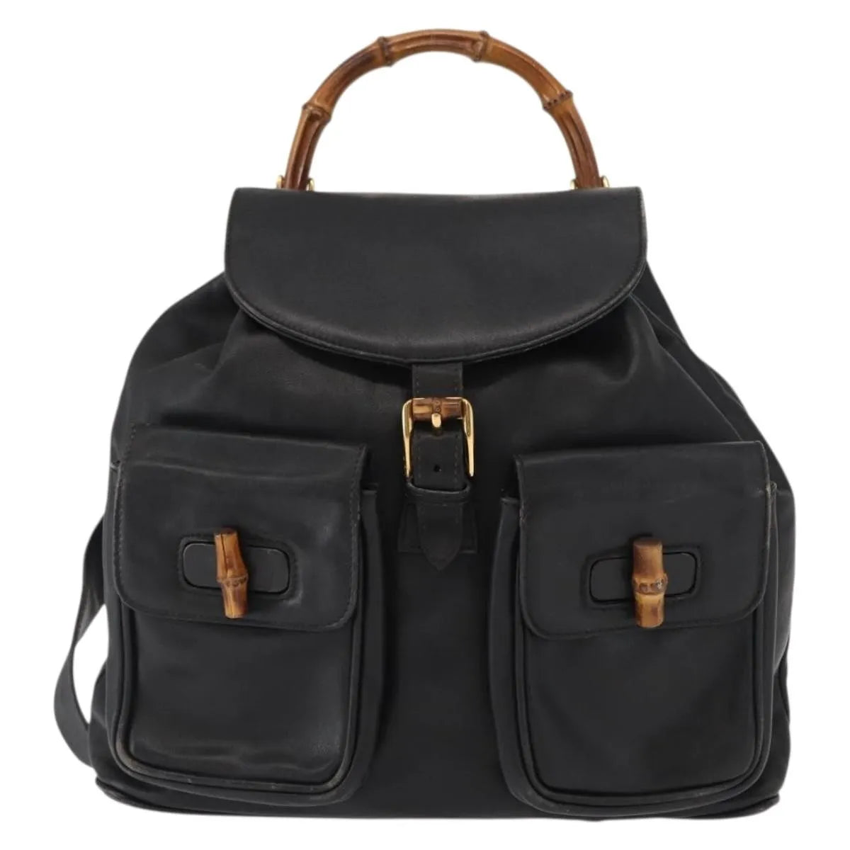 Gucci Vintage Bamboo Leather, Black, Leather, Backpack