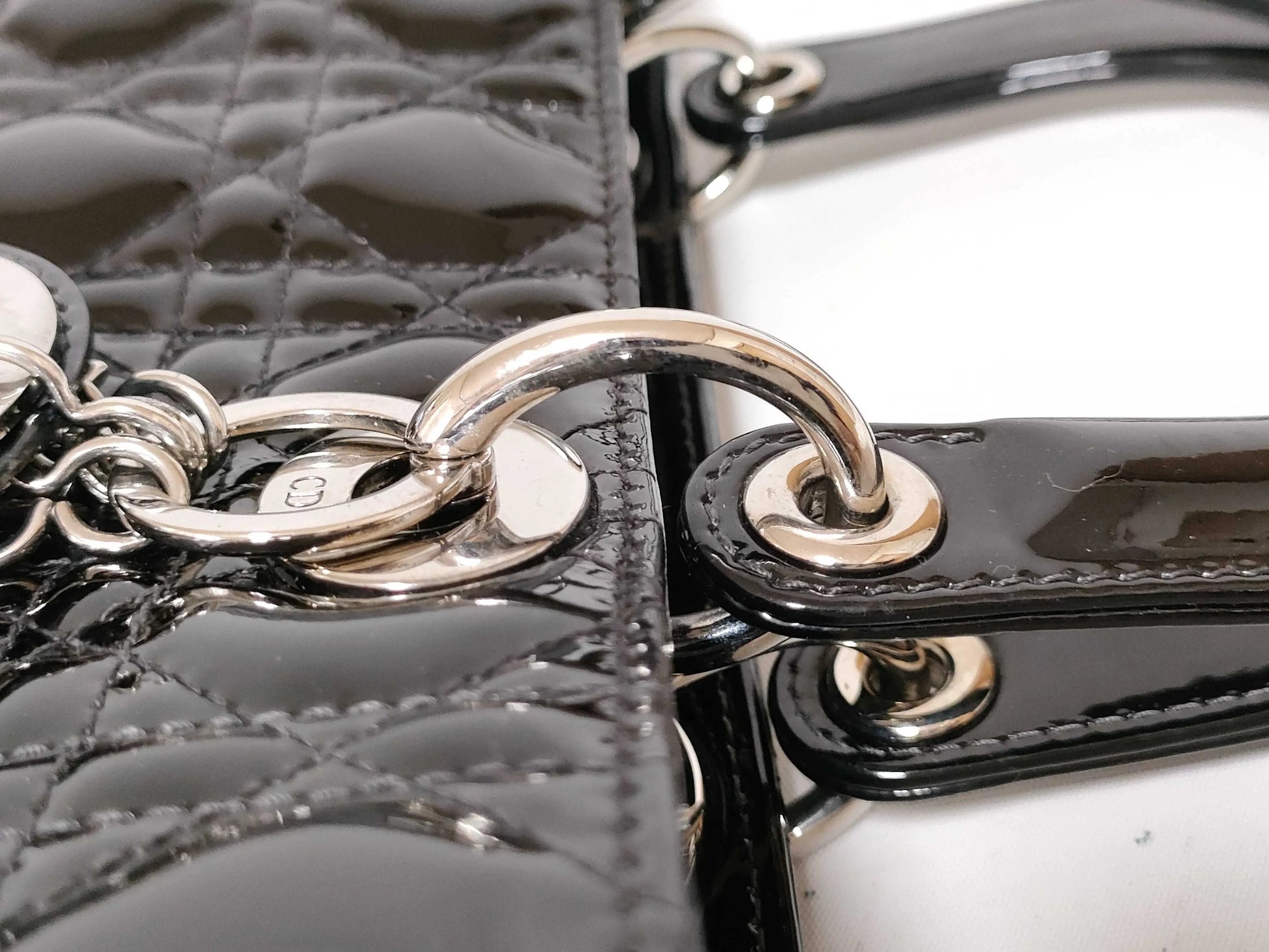 Christian Dior Lady Dior Patent, Black, Patent Leather, Handbag
