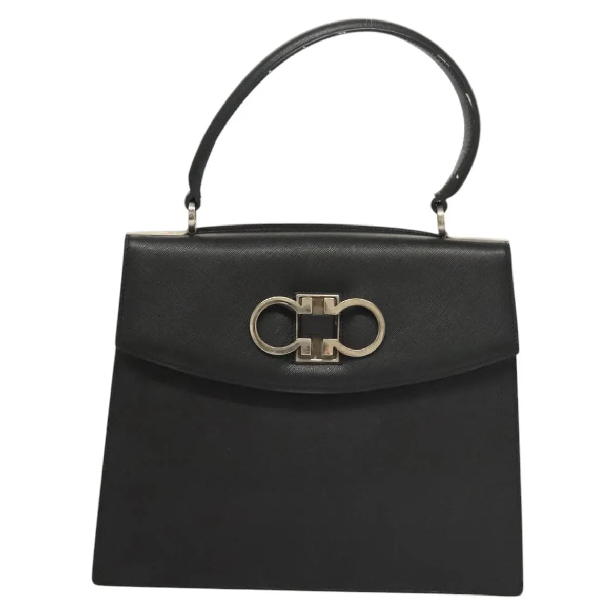 Salvatore Ferragamo Double Gancini Top Handle Saffiano Leather, Black, Leather, Handbag