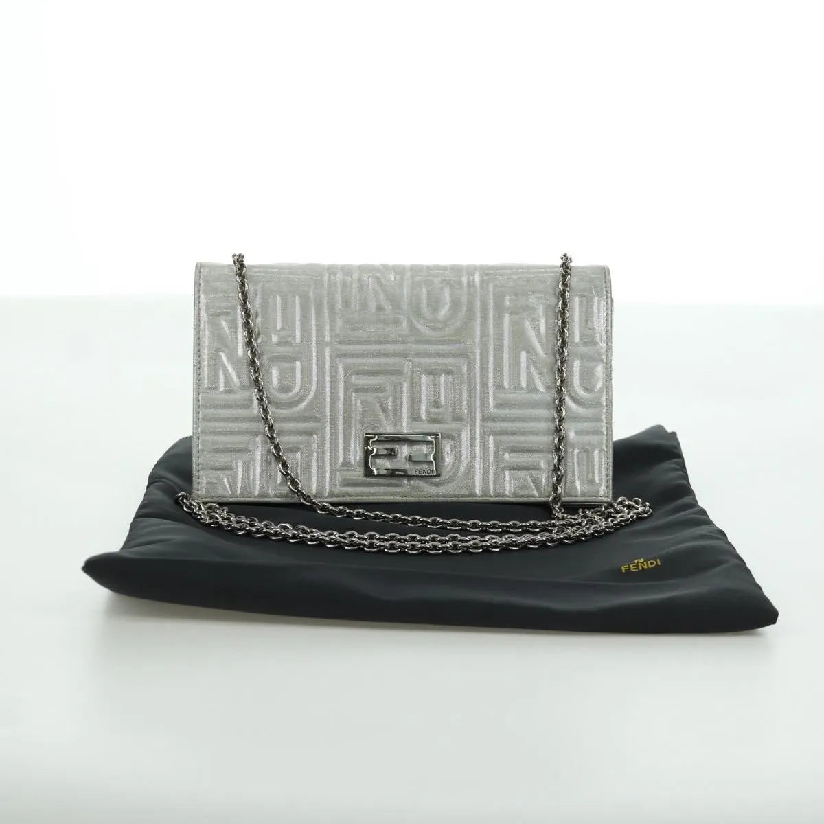 Fendi Wallet on Chain Logo Embossed Leather, Silver, Leather, Wallet