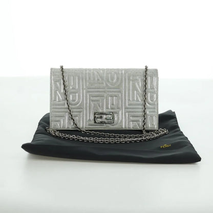 Fendi Wallet on Chain Logo Embossed Leather, Silver, Leather, Wallet