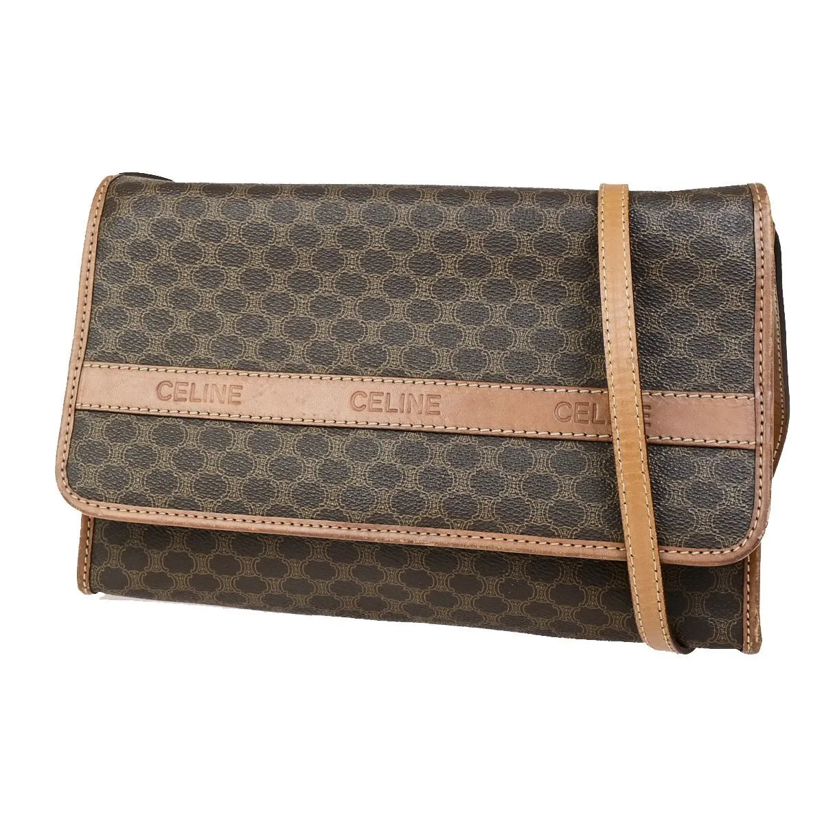 Celine Vintage Macadam Canvas and Leather, Brown, Canvas, Shoulder Bag