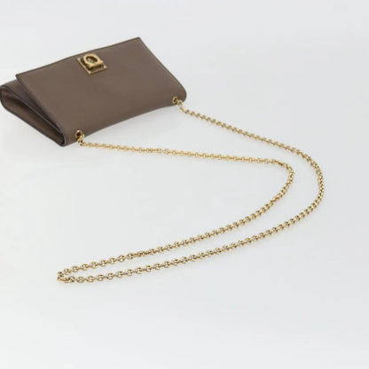 Salvatore Ferragamo Gancini Chain Leather, Gray, Leather, Shoulder Bag