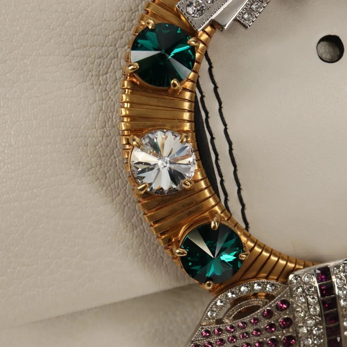 Miu Miu Madras Crystal Buckle Leather, White, Leather, Shoulder Bag