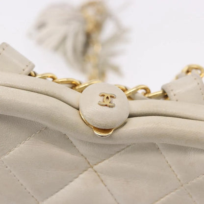 Chanel Vintage Diamond CC Tassel Quilted Lambskin, White, Leather, Shoulder Bag