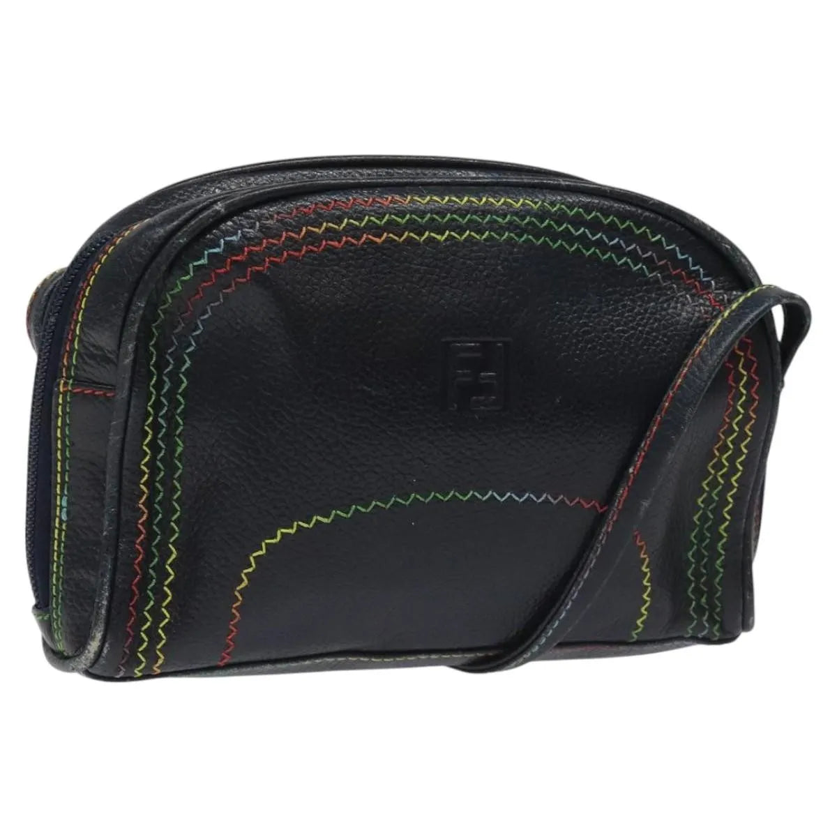 Fendi Vintage Zip Leather, Navy, Leather, Shoulder Bag