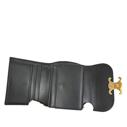 Celine Triomphe Trifold Leather, Black, Leather, Wallet