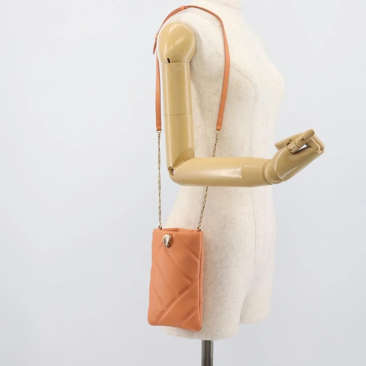 Bvlgari Serpenti Cabochon Phone Holder on Chain Diagonal Quilted Leather, Orange, Leather, Clutch