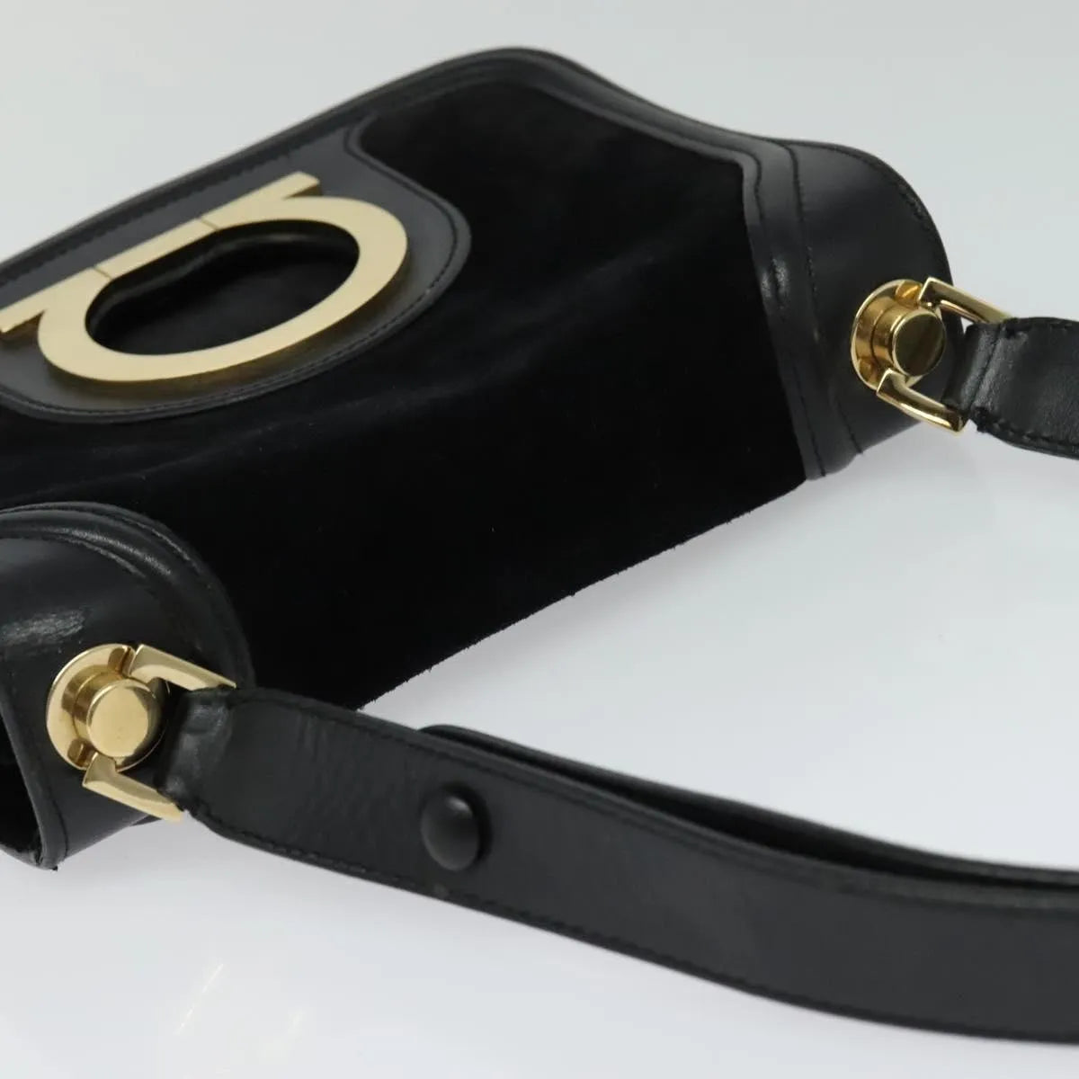 Salvatore Ferragamo Gancini Suede, Black, Suede, Shoulder Bag