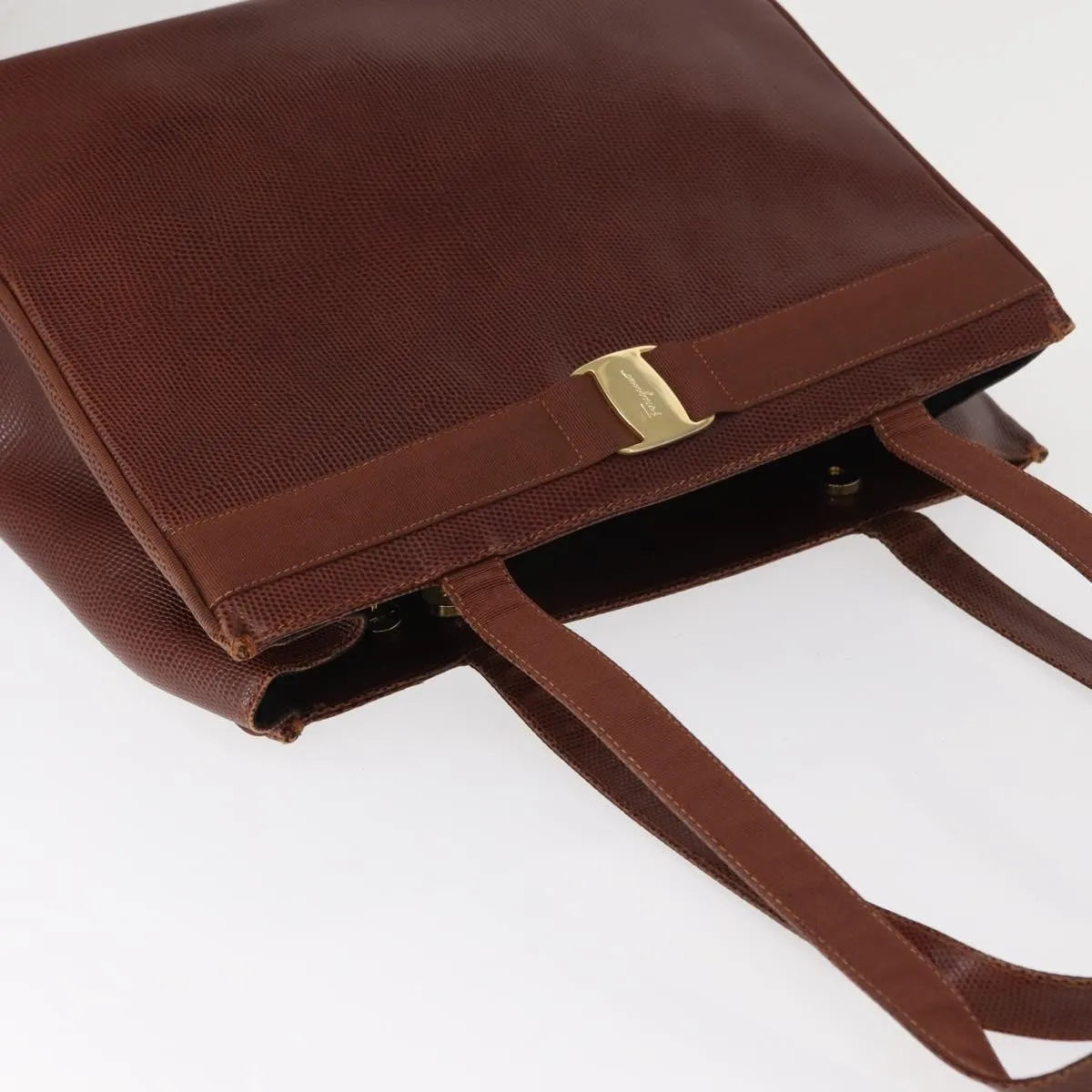 Salvatore Ferragamo Vintage Vara Bow Tote Lizard Embossed Leather, Brown, Leather, Tote Bag
