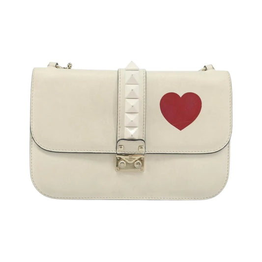 Valentino Garavani Glam Lock Leather, White, Leather, Shoulder Bag