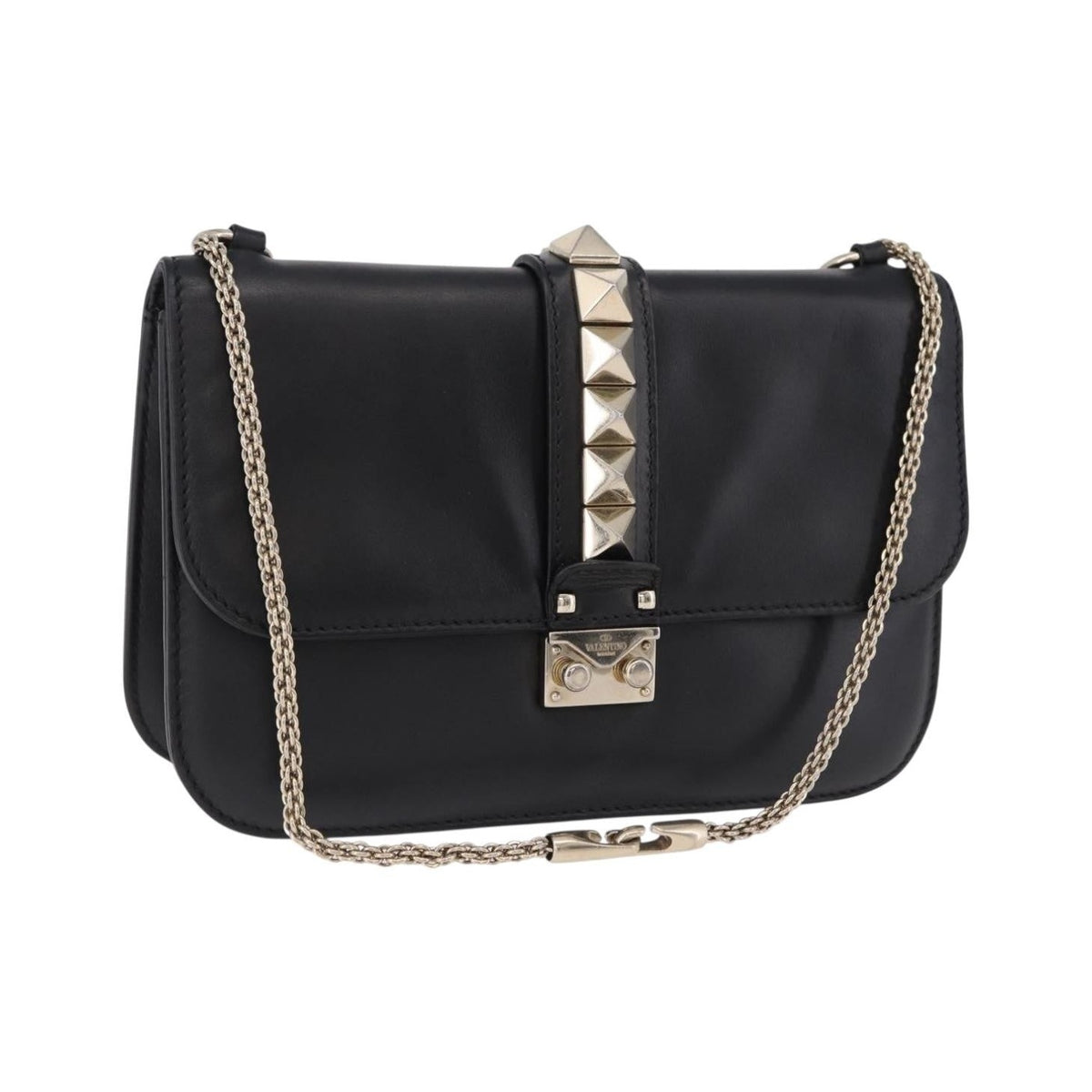 Valentino Garavani Glam Lock Leather, Black, Leather, Shoulder Bag