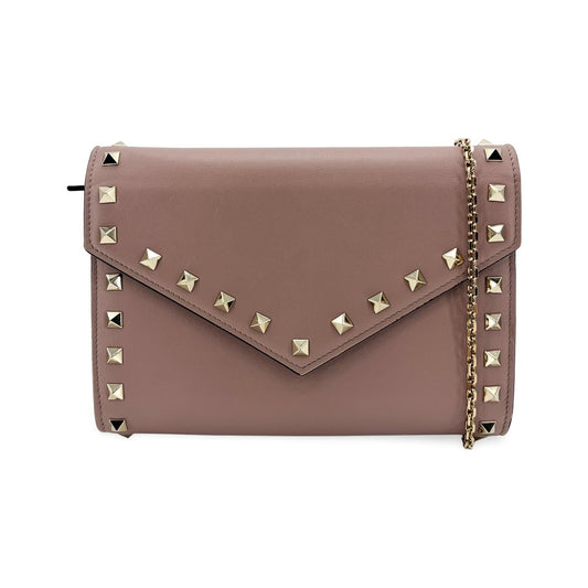 Valentino Garavani Rockstud Envelope Chain Leather, Beige, Leather, Crossbody Bag